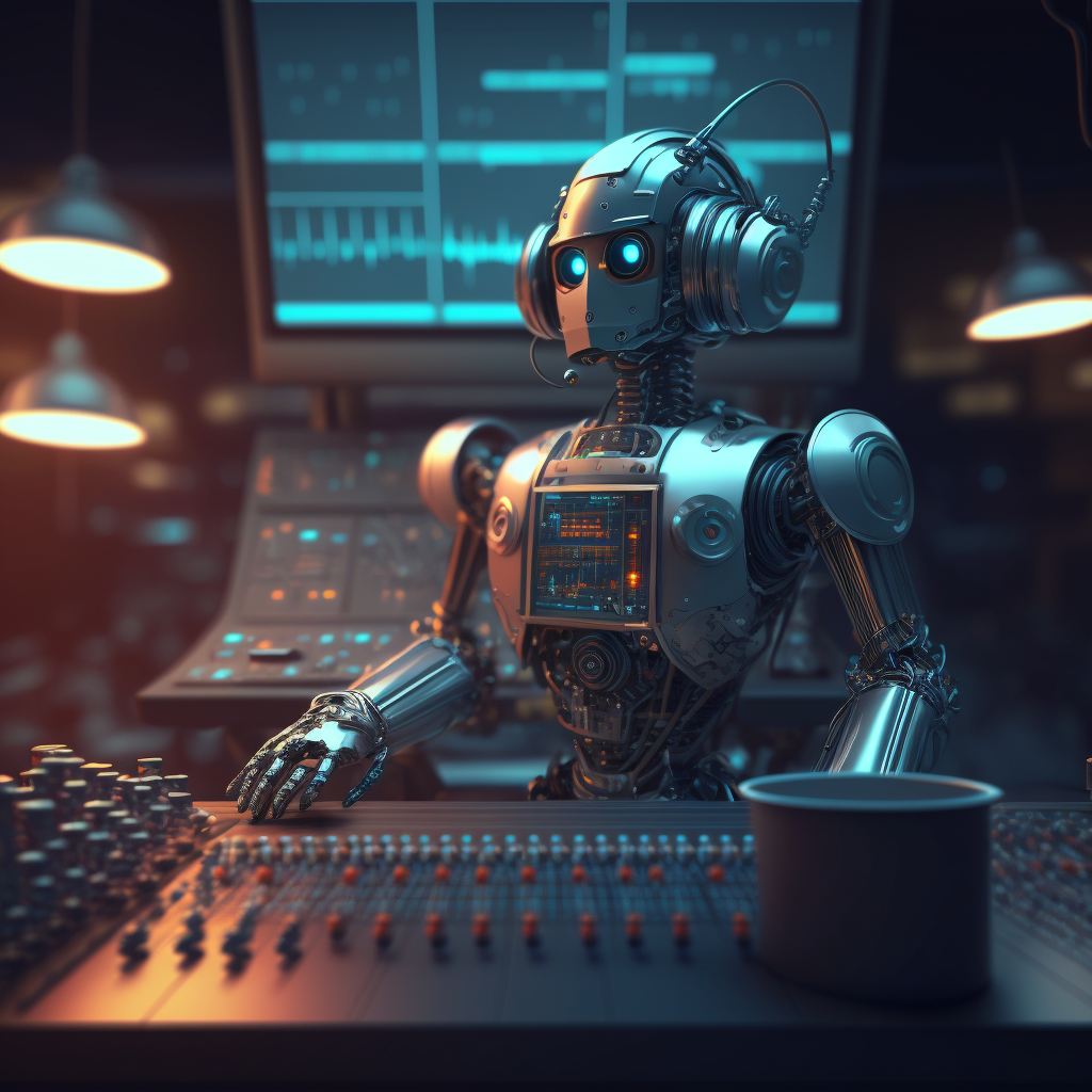 A robot sitting at an audio mixer